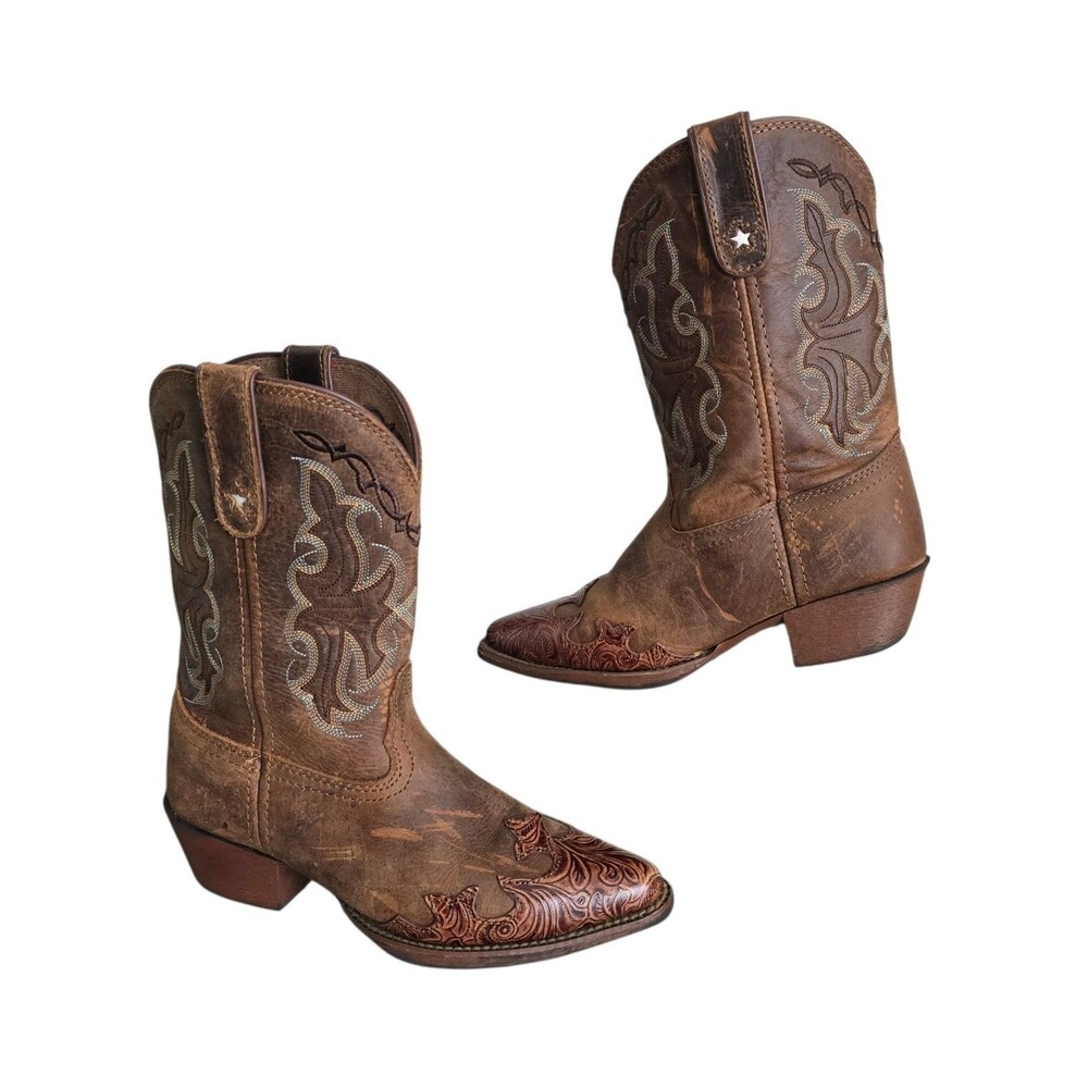 Tony Lama LL301 Unisex Youth Cowboy Boots Size 2.5D Brown Leather Pointed Toe
